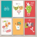 Doodle collection of Valentines Day greeting cards with cute charaters and hand lettering. Cacti, cats, bird and bike