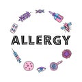 Doodle colored allergy icons in circle.