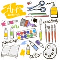 Doodle colored art materials collection. Hand drawn art icons set. Vector Illustration. Royalty Free Stock Photo