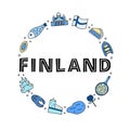 Doodle colored finland icons in circle.