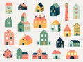 Doodle colored houses. Abstract hand drawn line cottage houses and rural farm buildings, cute small neighborhood houses. Vector Royalty Free Stock Photo