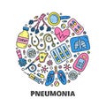 Doodle colored pneumonia icons in circle.
