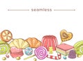 Doodle Colorful Frame with Lollipops, Dragee, Pastry Desserts and Sweets. Hand Drawn Seamless Pattern with Pudding