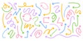 Doodle colorful line arrows. Hand drawn linear and dashed arrow pointers of squiggly, curved, wavy, zigzag and looping