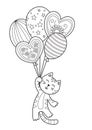 Doodle coloring book page cat with balloons. Valentine day illustration