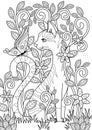 Doodle coloring book page cute cat and butterfly in flowers. Antistress for adult. Royalty Free Stock Photo