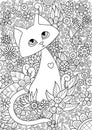 Doodle coloring book page cute cat in flowers. Antistress for adult. Royalty Free Stock Photo