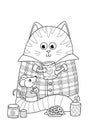 Doodle coloring book page cute fat cat and little mouse are drinking tea. Anti-stress for adults. Royalty Free Stock Photo