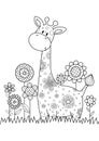 Doodle coloring book page cute giraffe in flowers. Antistress for adult. Royalty Free Stock Photo