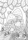 Doodle coloring book page forest mushrooms. Antistress for adult. Zentangle black and white illustration Royalty Free Stock Photo