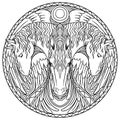 Doodle coloring in a circle. Three horses. Royalty Free Stock Photo