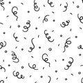 Doodle confetti and streamers seamless pattern. Hand drawn celebration falling confetti. Doodle party firecracker