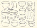 Doodle cooking equipment and kitchen utensils. Hand drawn vector kitchenware isolated