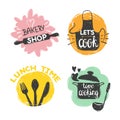 Doodle cooking food logo set. Hand drawn vector kitchen badges, labels