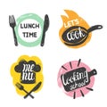 Doodle cooking food logo set. Hand drawn vector kitchen badges, labels