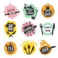 Doodle cooking food logo set. Hand drawn vector kitchen badges, labels Royalty Free Stock Photo