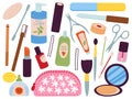 Doodle cosmetics. Salon cosmetic, facial brushes and manicure equipment. Various skin care products, lipstick and lotion