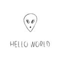 Doodle cosmos illustration in childish style. Hand drawn space card with lettering hello world, alien. Black and white.