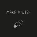 Doodle cosmos illustration in childish style. Hand drawn space card with lettering make a wish, shooting star. Black and Royalty Free Stock Photo