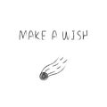 Doodle cosmos illustration in childish style. Hand drawn space card with lettering make a wish, shooting star. Black and Royalty Free Stock Photo