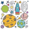 Doodle cosmos illustration set, design elements for any purposes. Hand drawn abstract space ship, planets.