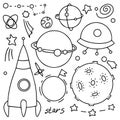 Doodle cosmos illustration set, design elements for any purposes. Hand drawn abstract space ship, planets.