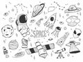 Doodle cosmos illustration set, design elements for any purposes. Hand drawn abstract space ship, planets, stars and ufo. Vector