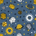 Doodle cosmos seamless pattern with sun and planets in space. Perfect for T-shirt, textile and print. Hand drawn