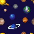 Doodle Cosmos VECTOR Background, Seamless Pattern, Hand Drawn Colored Planets on Dark Sky.
