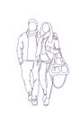 Doodle Couple Walk Embracing Sketch Man And Woman Full Length Over White Background Royalty Free Stock Photo