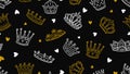 Doodle crown pattern. Gold white royal elements tbackground. Little prince or princess vector seamless texture