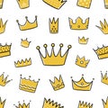 Doodle crown pattern. Seamless print of king and queen royal line symbol. Prince and princess headwear. Emperor