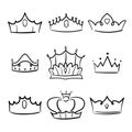 Doodle crown princess collection. Simple crowning, elegant queen or king crowns hand drawn. Royalty Free Stock Photo
