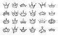 Doodle crowns. Line art king or queen crown sketch, fellow crowned heads tiara, beautiful diadem and luxurious decals Royalty Free Stock Photo