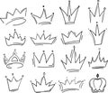 Doodle crowns. Line art king or queen crown sketch, fellow crowned heads tiara, beautiful diadem and luxurious decals vector Royalty Free Stock Photo