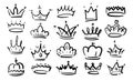 Doodle crowns linear icons. Royal accessories