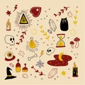 Collection of Mystical and Mysterious objects. Hand-drawn vector illustration with crystals, candles, cobwebs, moon cat