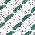 Doodle cucumber seamless pattern on black dots background. Cucumbers vegetable endless wallpaper