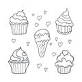 Doodle cupcakes collection. Hand drawn icons isolated on white background