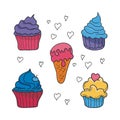 Doodle cupcakes collection. Hand drawn icons isolated on white background