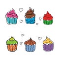 Doodle cupcakes collection. Hand drawn icons isolated on white background