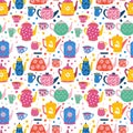 Doodle cups pattern. Seamless print with cartoon mugs of coffee tea and beverages. Vector texture with cup collection