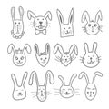 Doodle cute bunny heads set in hand drawn pet animal vector illustration Royalty Free Stock Photo