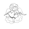 Doodle cute cartoon cupid with heart in his hands sitting on the cloud Royalty Free Stock Photo