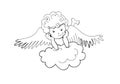 Doodle cute cartoon cupid isolated on white background laying on the cloud