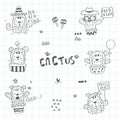 Doodle cute cat and cactus cartoon illustration, set vector