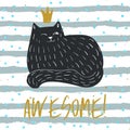 Doodle Cute Cat Greeting Card Design Template. Hand Drawn Animal Personage T-shirt Design. Funny Cat Emotions. Royalty Free Stock Photo