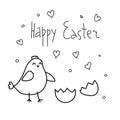 Doodle cute chicken with hand drawn lettering Happy Easter.. greeting card design template with bright sketchy character Royalty Free Stock Photo