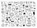 Doodle cute glitter pen line elements. Doodle heart, arrow, star, sparkle decoration symbol set icon.