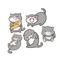 Doodle cute little cat vector set grey food yawn lick lay smile Royalty Free Stock Photo